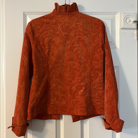 Chico’s Orange Brocade Embossed Bohemian Corduroy Open Ruffle jacket- si… - Picture 6 of 9